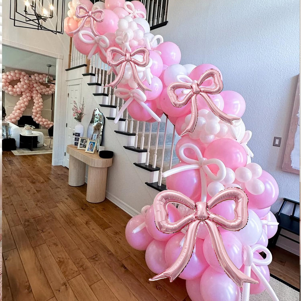 PartyXpress 4-Piece Pink Bow Foil Balloons Set – Mylar Balloons for Baby Showers, Bachelorette & Coquette Parties
