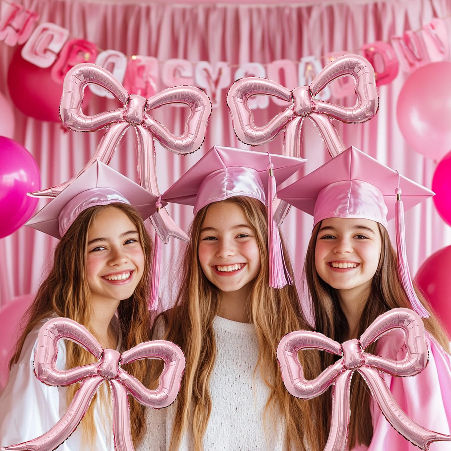 PartyXpress 4-Piece Pink Bow Foil Balloons Set – Mylar Balloons for Baby Showers, Bachelorette & Coquette Parties