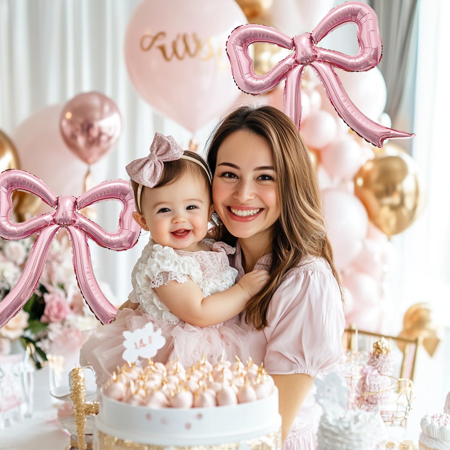 PartyXpress 4-Piece Pink Bow Foil Balloons Set – Mylar Balloons for Baby Showers, Bachelorette & Coquette Parties