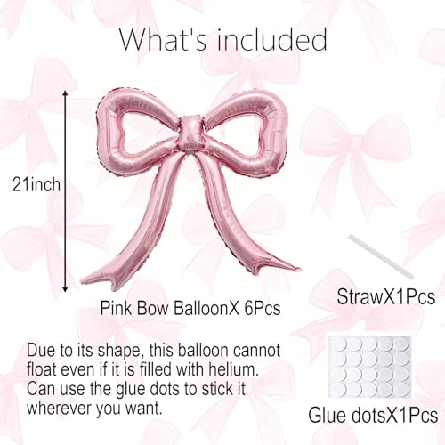 PartyXpress 6-Piece Pink Bow Foil Balloons Set for Coquette Birthday, Baby Shower, Bachelorette Party Decor