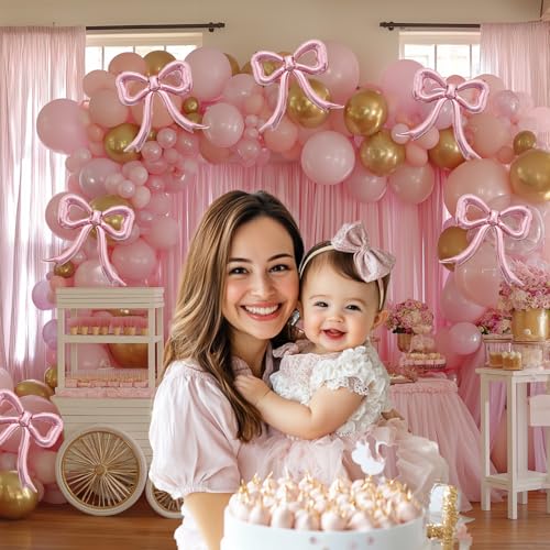 PartyXpress 6-Piece Pink Bow Foil Balloons Set for Coquette Birthday, Baby Shower, Bachelorette Party Decor