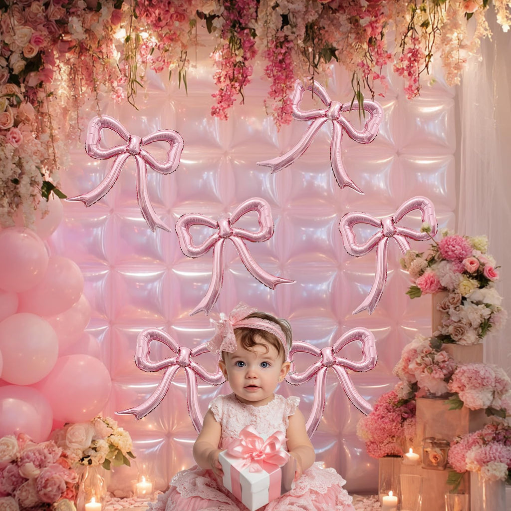 PartyXpress 6-Piece Pink Bow Foil Balloons Set for Coquette Birthday, Baby Shower, Bachelorette Party Decor