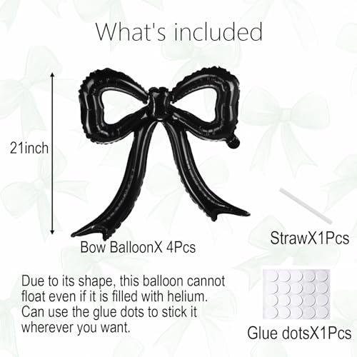 PartyXpress Black Bow Foil Balloons (4-Pack) for Coquette Parties, Bridal Showers & Bachelorette