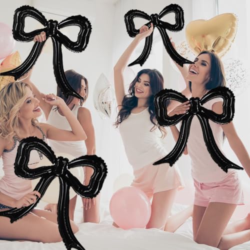PartyXpress Black Bow Foil Balloons (4-Pack) for Coquette Parties, Bridal Showers & Bachelorette
