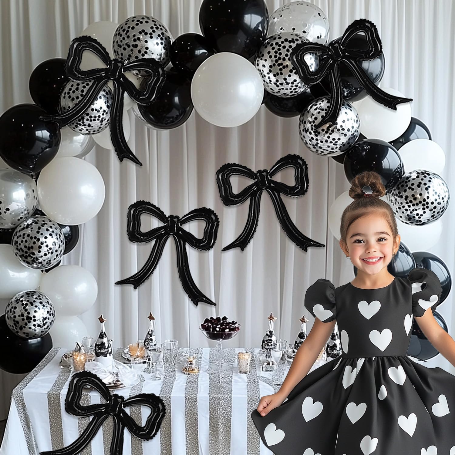 PartyXpress Black Bow Foil Balloons (4-Pack) for Coquette Parties, Bridal Showers & Bachelorette