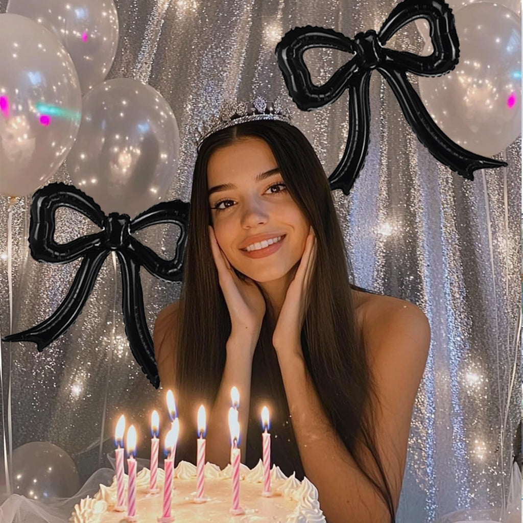 PartyXpress Black Bow Foil Balloons (4-Pack) for Coquette Parties, Bridal Showers & Bachelorette