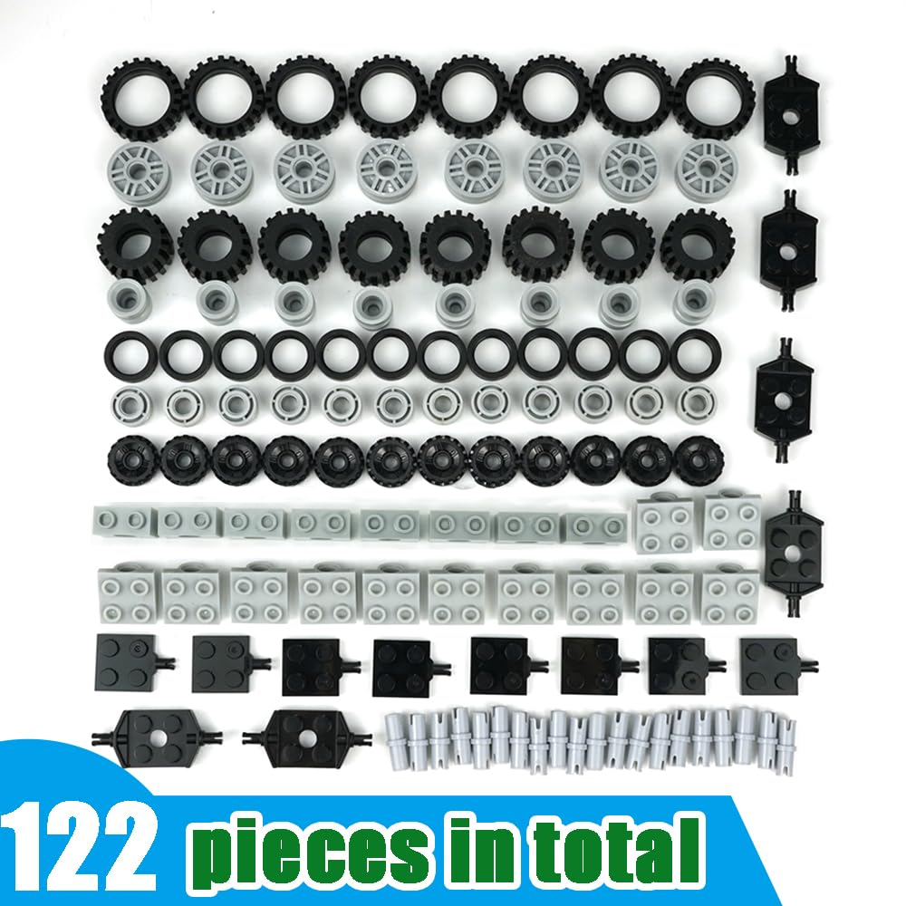 Pasacho Wheels and Axles Set – 122 Pieces Compatible Building Blocks Car Parts Chassis Tires