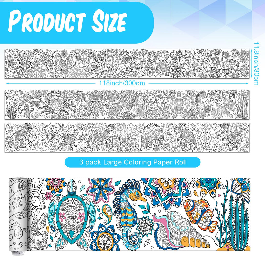 Pasimy 3 Giant Mandala Animal Coloring Posters - 11.8 x 118 Inch Jumbo DIY Art Paper Sheets for Kids and Adults
