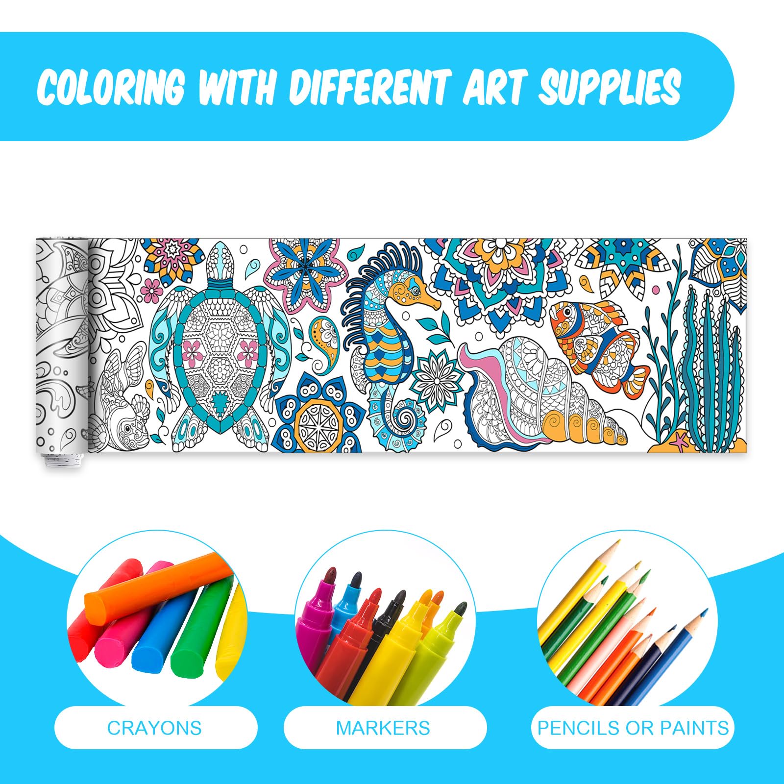 Pasimy 3 Giant Mandala Animal Coloring Posters - 11.8 x 118 Inch Jumbo DIY Art Paper Sheets for Kids and Adults