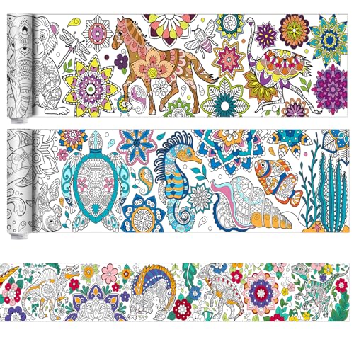 Pasimy 3 Giant Mandala Animal Coloring Posters - 11.8 x 118 Inch Jumbo DIY Art Paper Sheets for Kids and Adults
