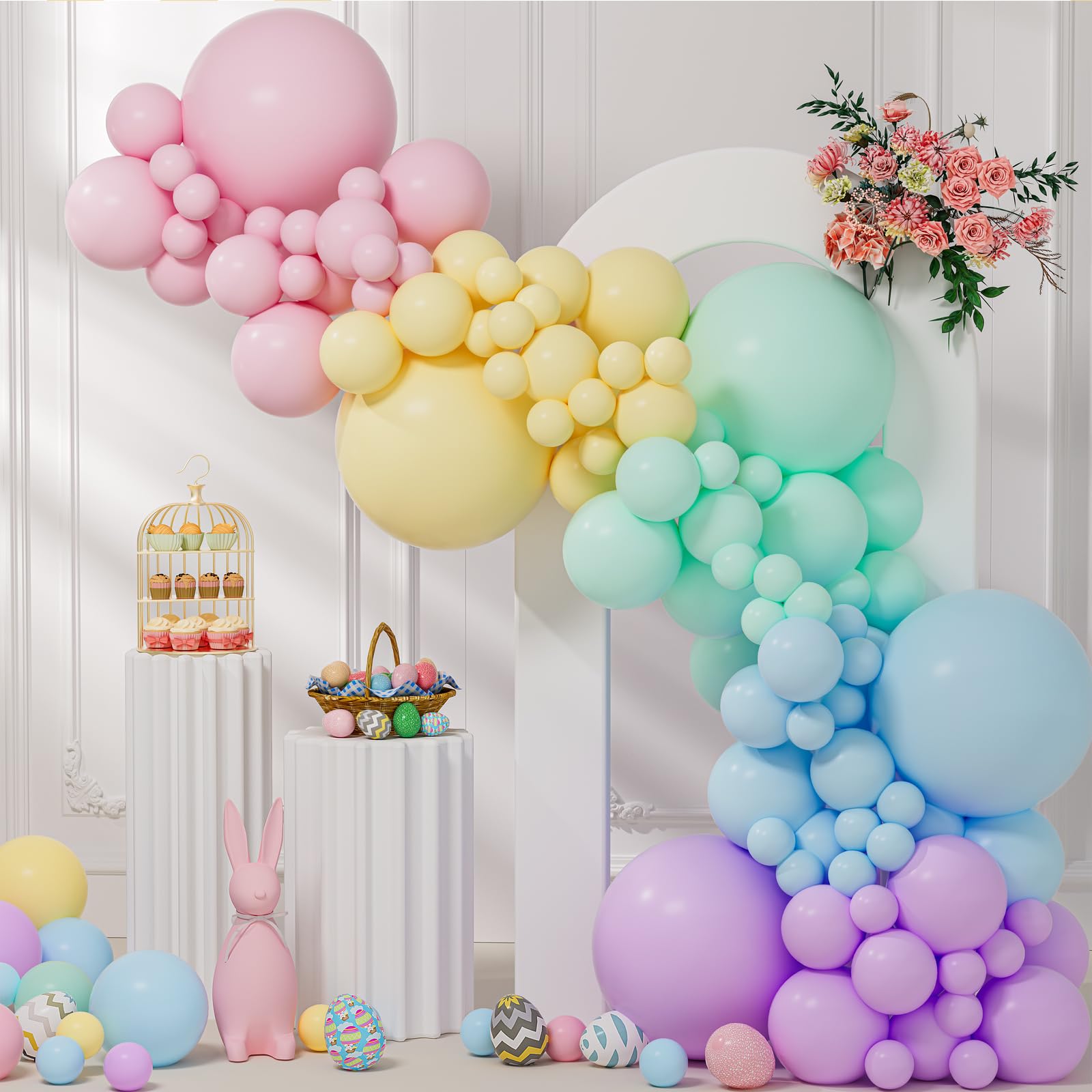 Pastel Balloon Arch Kit 145pcs - Rainbow Party Decor with 5 Colors, 4 Sizes, Glue Dots & Ribbons by Yishebapa