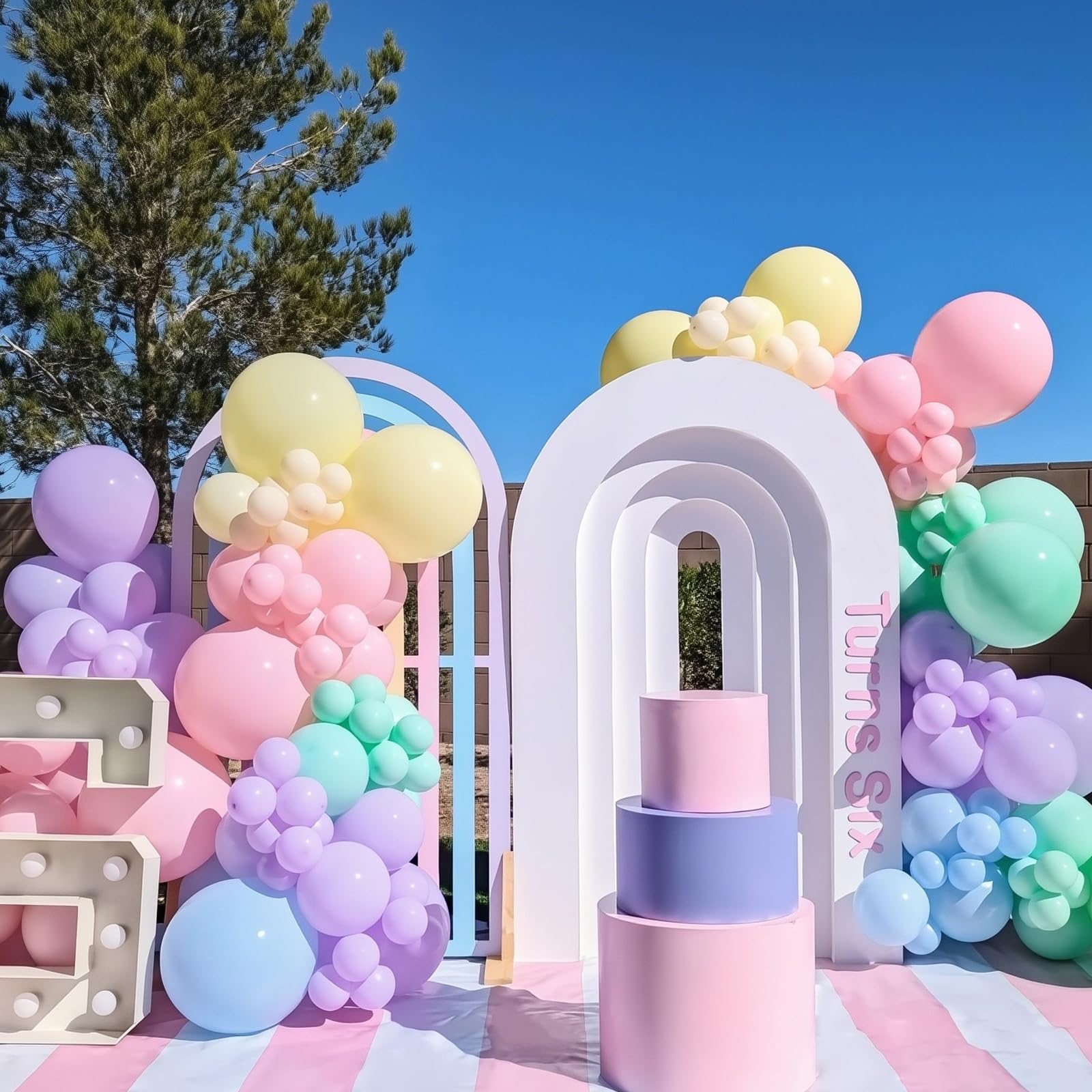Pastel Balloon Arch Kit 145pcs - Rainbow Party Decor with 5 Colors, 4 Sizes, Glue Dots & Ribbons by Yishebapa