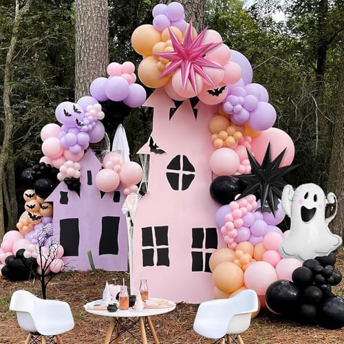 Pastel Halloween Balloon Arch Kit – Pink Purple Orange Black with Ghost & Star Foil