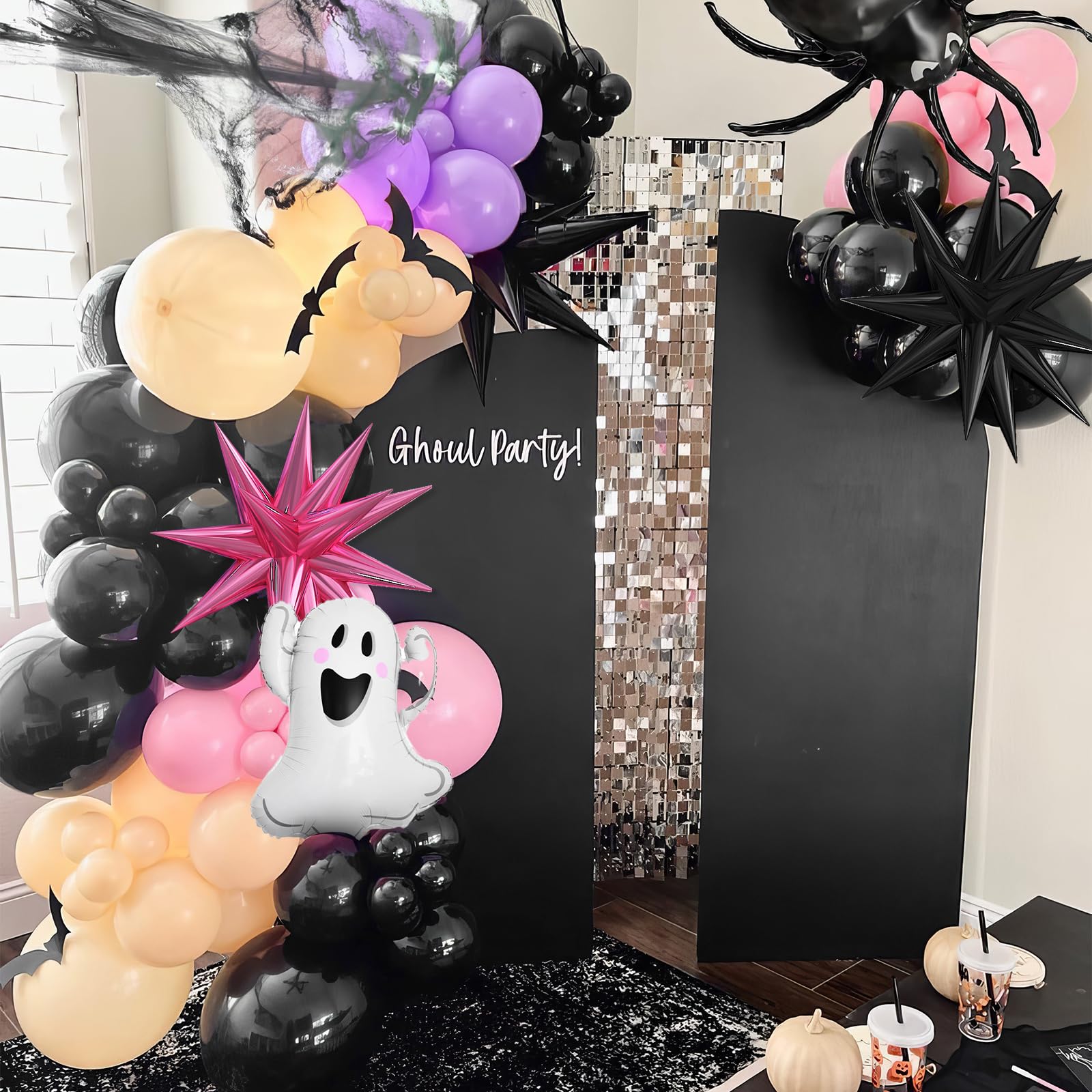 Pastel Halloween Balloon Arch Kit – Pink Purple Orange Black with Ghost & Star Foil