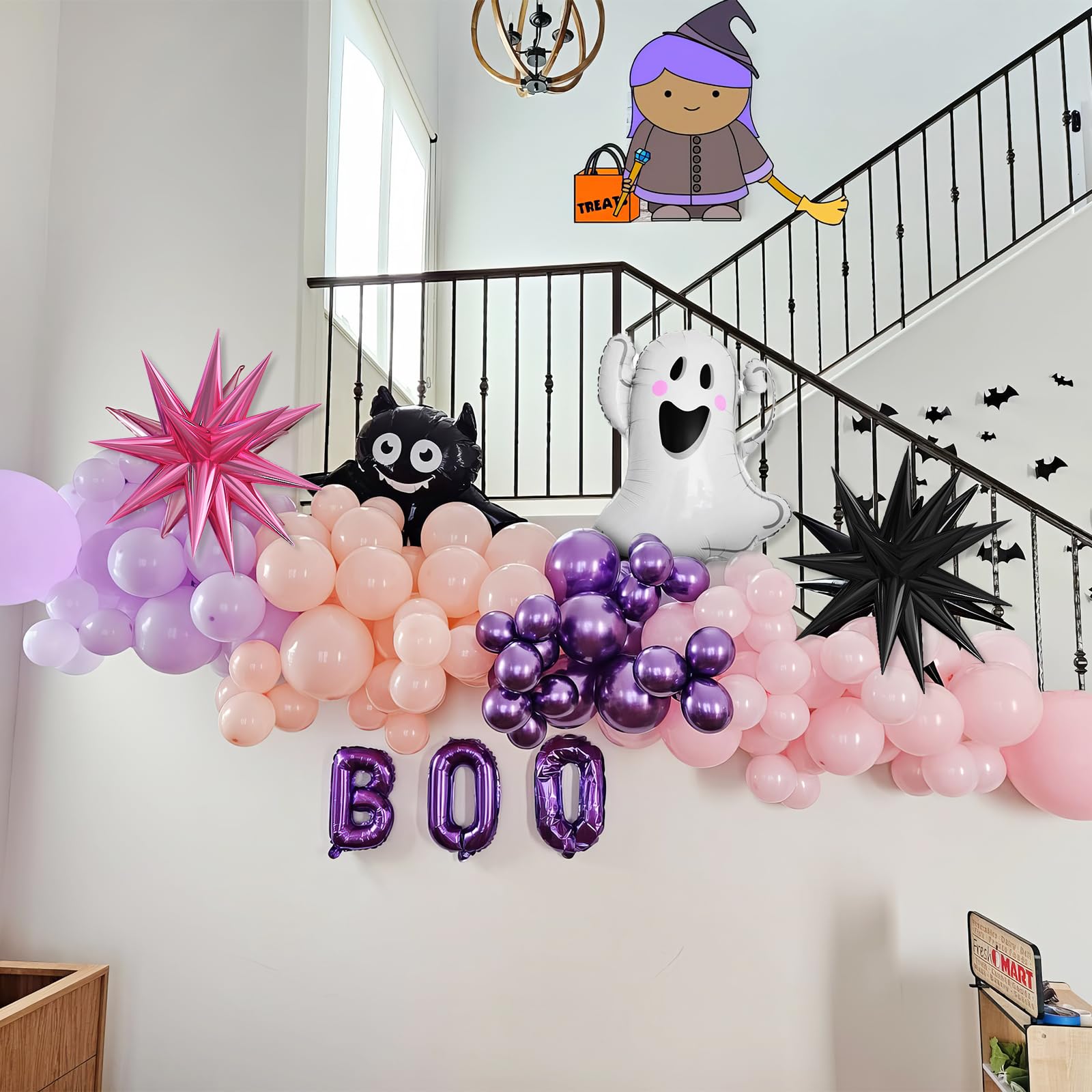 Pastel Halloween Balloon Arch Kit – Pink Purple Orange Black with Ghost & Star Foil