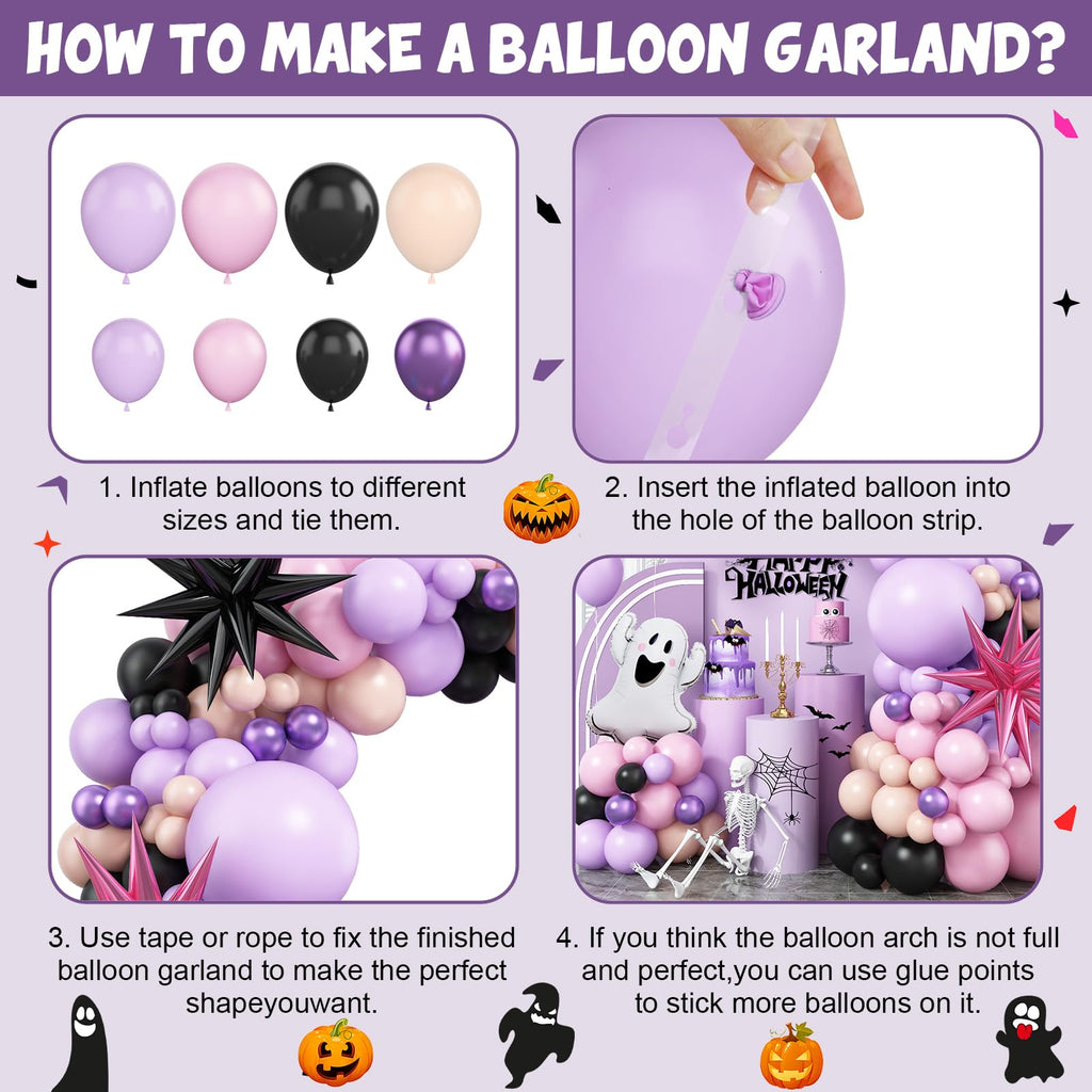 Pastel Halloween Balloon Arch Kit – Pink Purple Orange Black with Ghost & Star Foil
