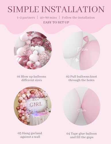 Pateeha 12ft Pink & White Balloon Arch Kit with Rose Gold Accents – Party Garland for Birthday, Baby Shower, Bridal Shower