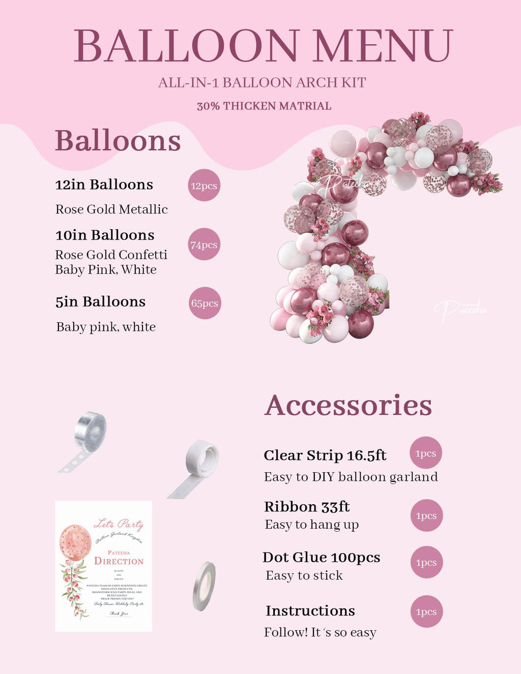 Pateeha 12ft Pink & White Balloon Arch Kit with Rose Gold Accents – Party Garland for Birthday, Baby Shower, Bridal Shower