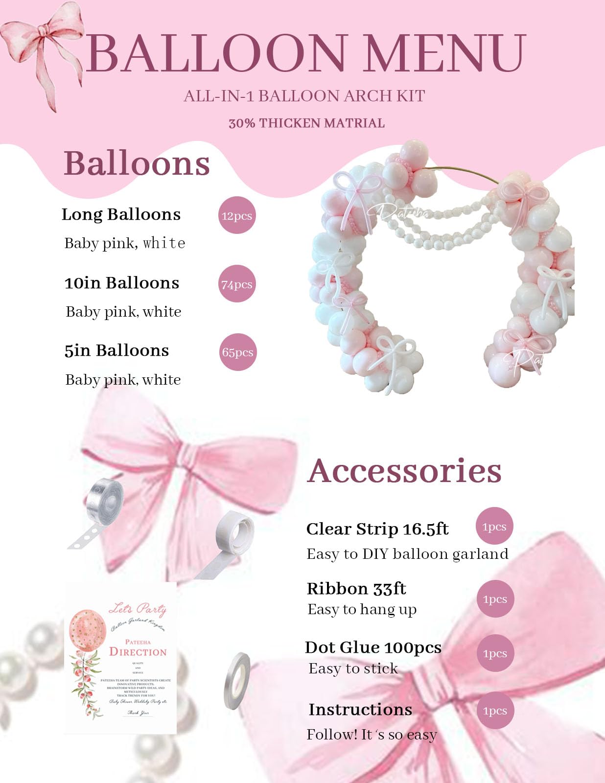 Pateeha Pink Bow Balloon Arch Kit - 155 Piece Coquette Birthday Decorations with Pink and White Balloons for Bridal Shower, Bachelorette, Baby Shower