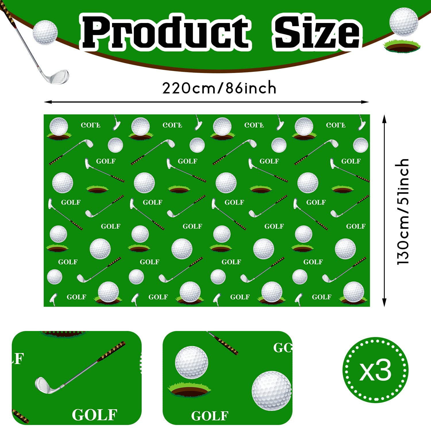 Patelai 3-Pack Golf Tablecloths - 86x51 Inch Disposable Plastic Table Covers for Golf Themed Parties and Events