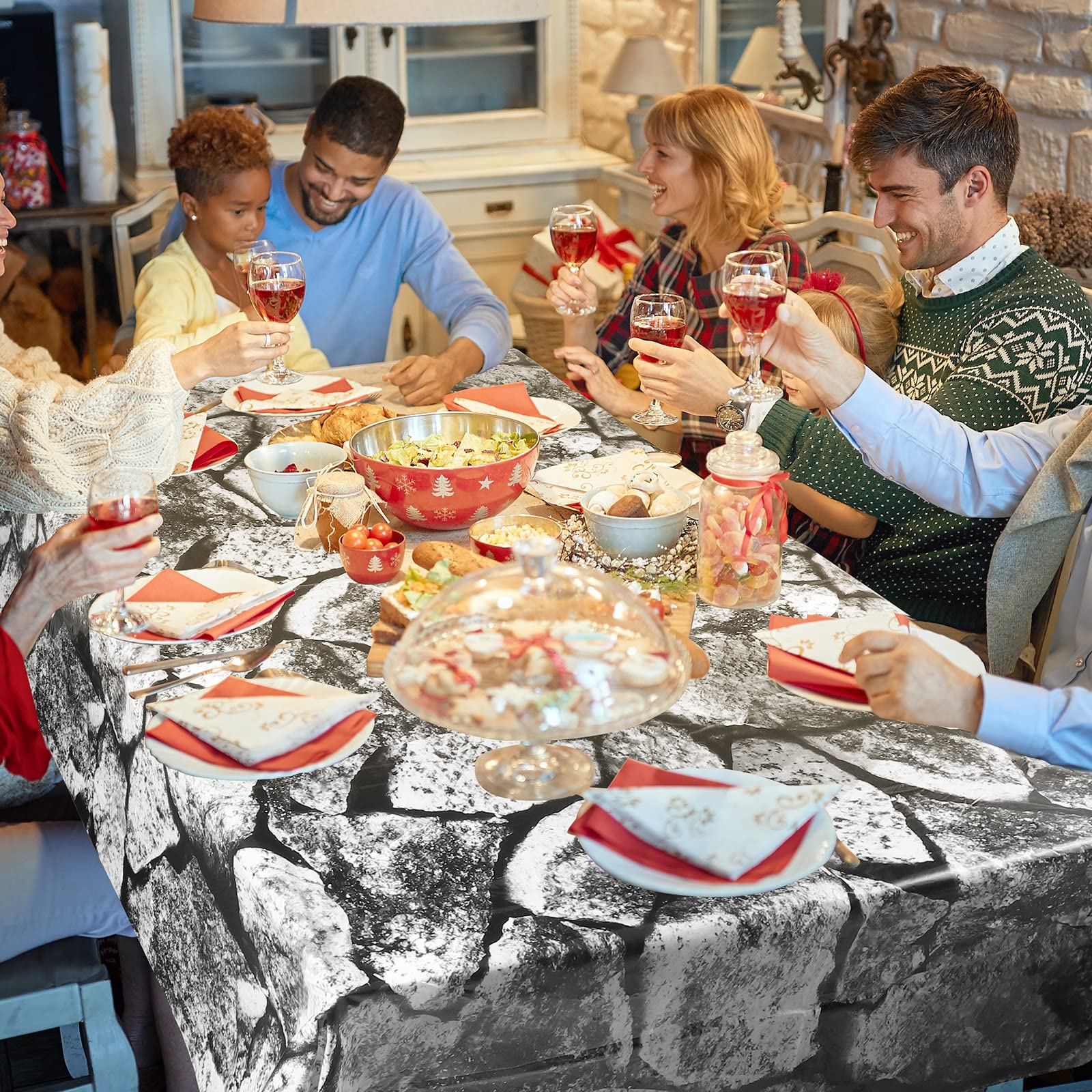 Patelai 4-Pack Stone Wall Disposable Plastic Tablecloths 108x54 Inches - Medieval Brick Pattern Table Cover for Halloween Knight Party Decorations