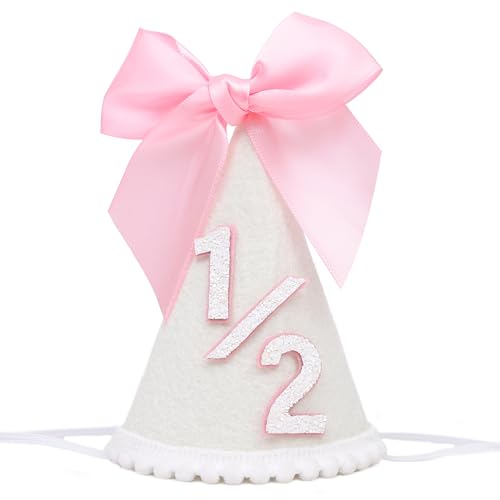 PATRDIO Pink Bow 1/2 Birthday Hat - Adjustable Felt Half Birthday Hat for Girls, First Birthday Party Crown
