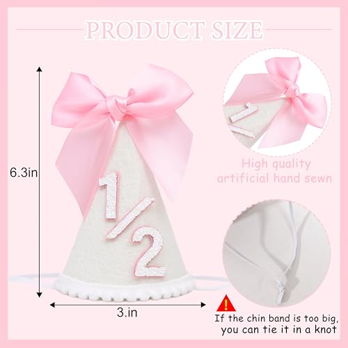 PATRDIO Pink Bow 1/2 Birthday Hat - Adjustable Felt Half Birthday Hat for Girls, First Birthday Party Crown