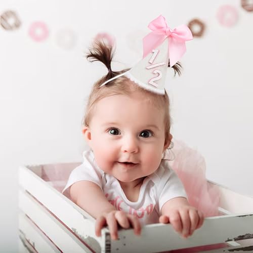 PATRDIO Pink Bow 1/2 Birthday Hat - Adjustable Felt Half Birthday Hat for Girls, First Birthday Party Crown