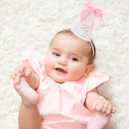 PATRDIO Pink Bow 1/2 Birthday Hat - Adjustable Felt Half Birthday Hat for Girls, First Birthday Party Crown