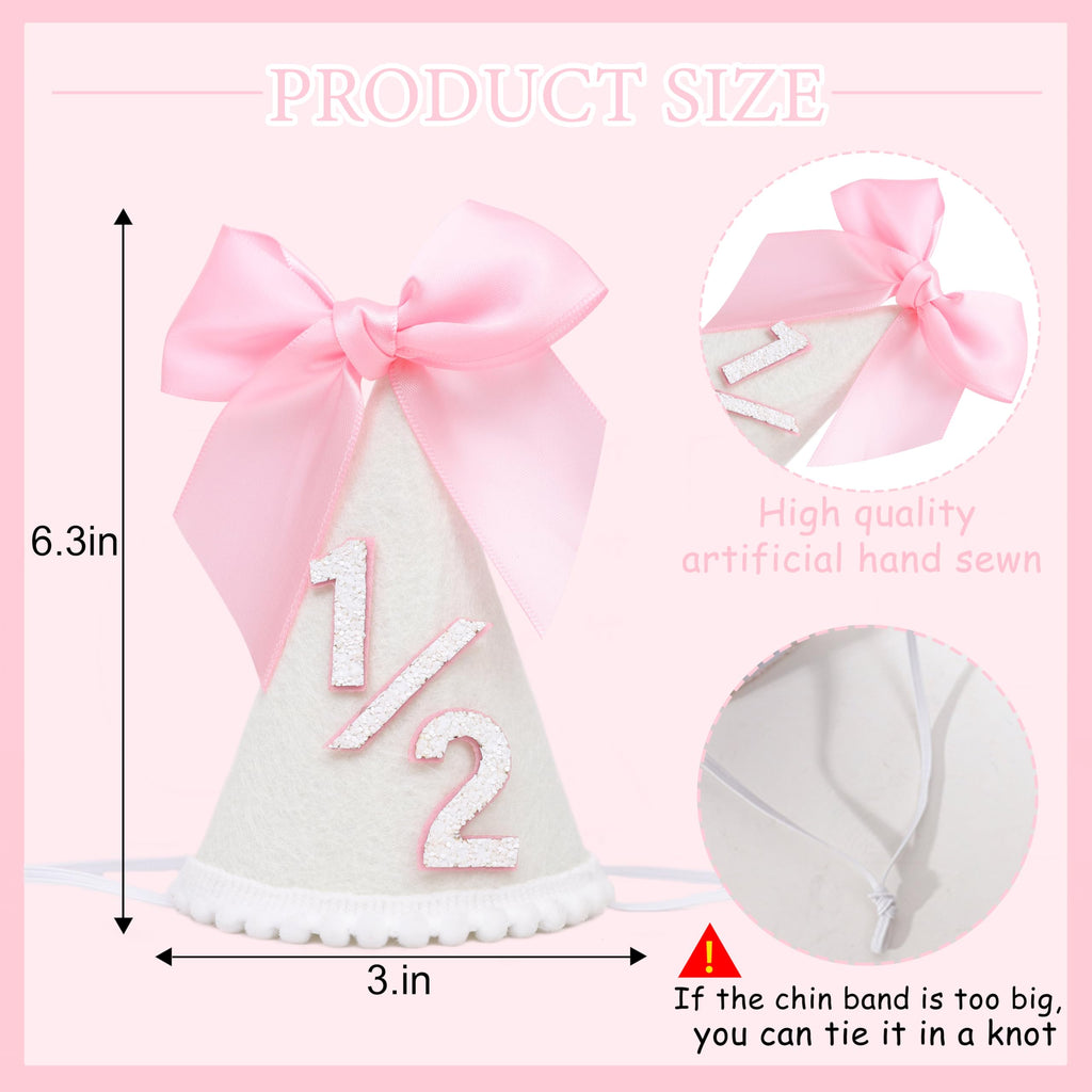 PATRDIO Pink Bow 1/2 Birthday Hat - Adjustable Felt Half Birthday Hat for Girls, First Birthday Party Crown