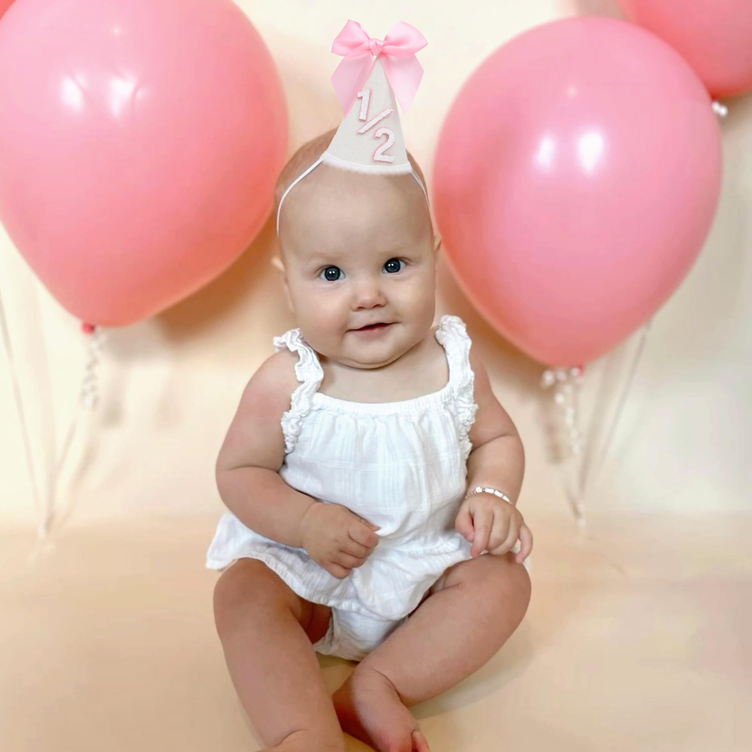 PATRDIO Pink Bow 1/2 Birthday Hat - Adjustable Felt Half Birthday Hat for Girls, First Birthday Party Crown