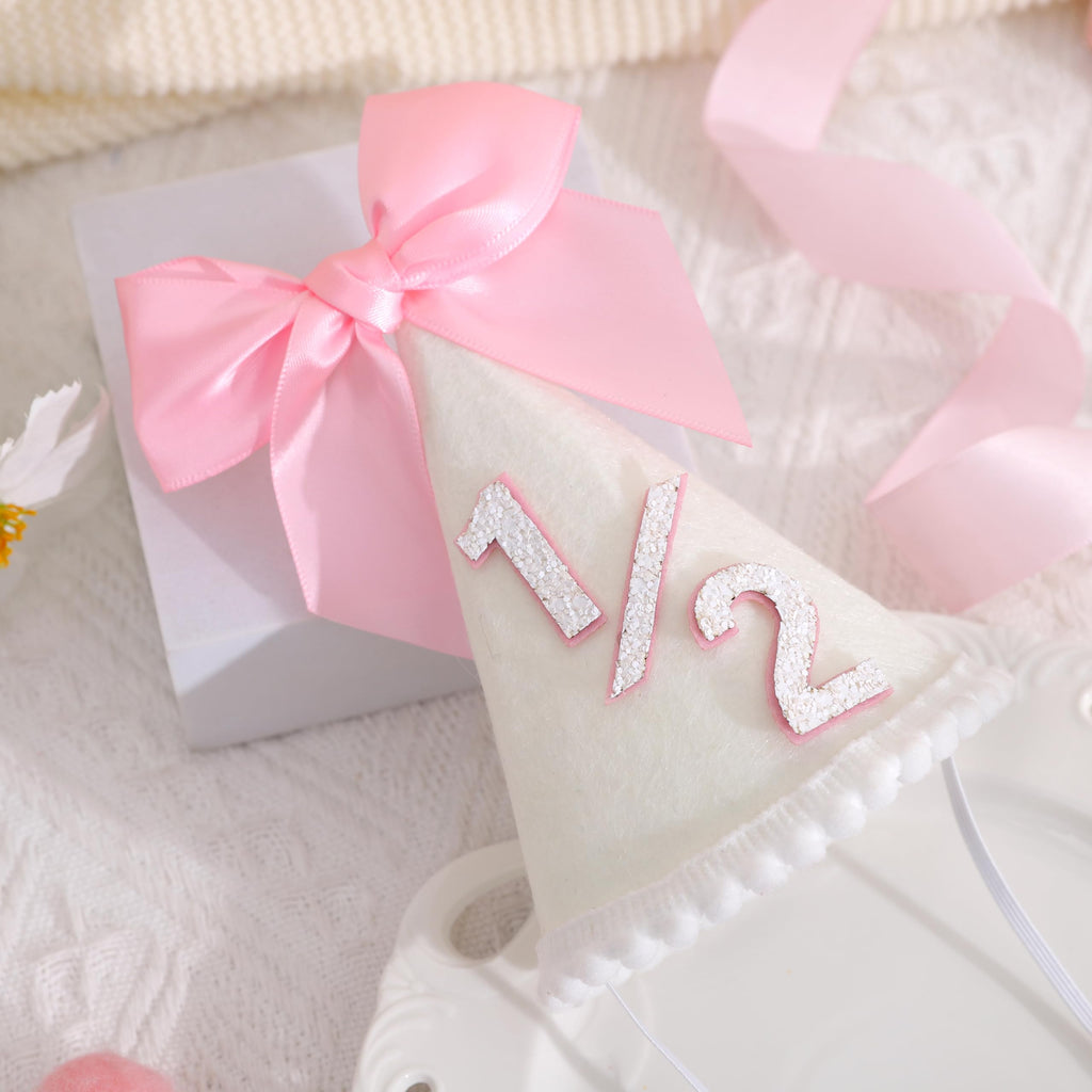 PATRDIO Pink Bow 1/2 Birthday Hat - Adjustable Felt Half Birthday Hat for Girls, First Birthday Party Crown
