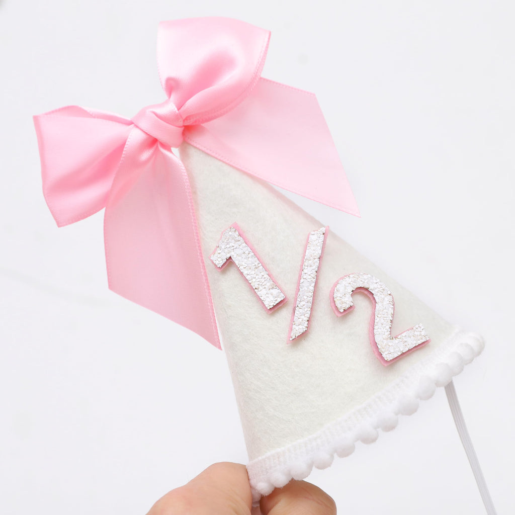 PATRDIO Pink Bow 1/2 Birthday Hat - Adjustable Felt Half Birthday Hat for Girls, First Birthday Party Crown