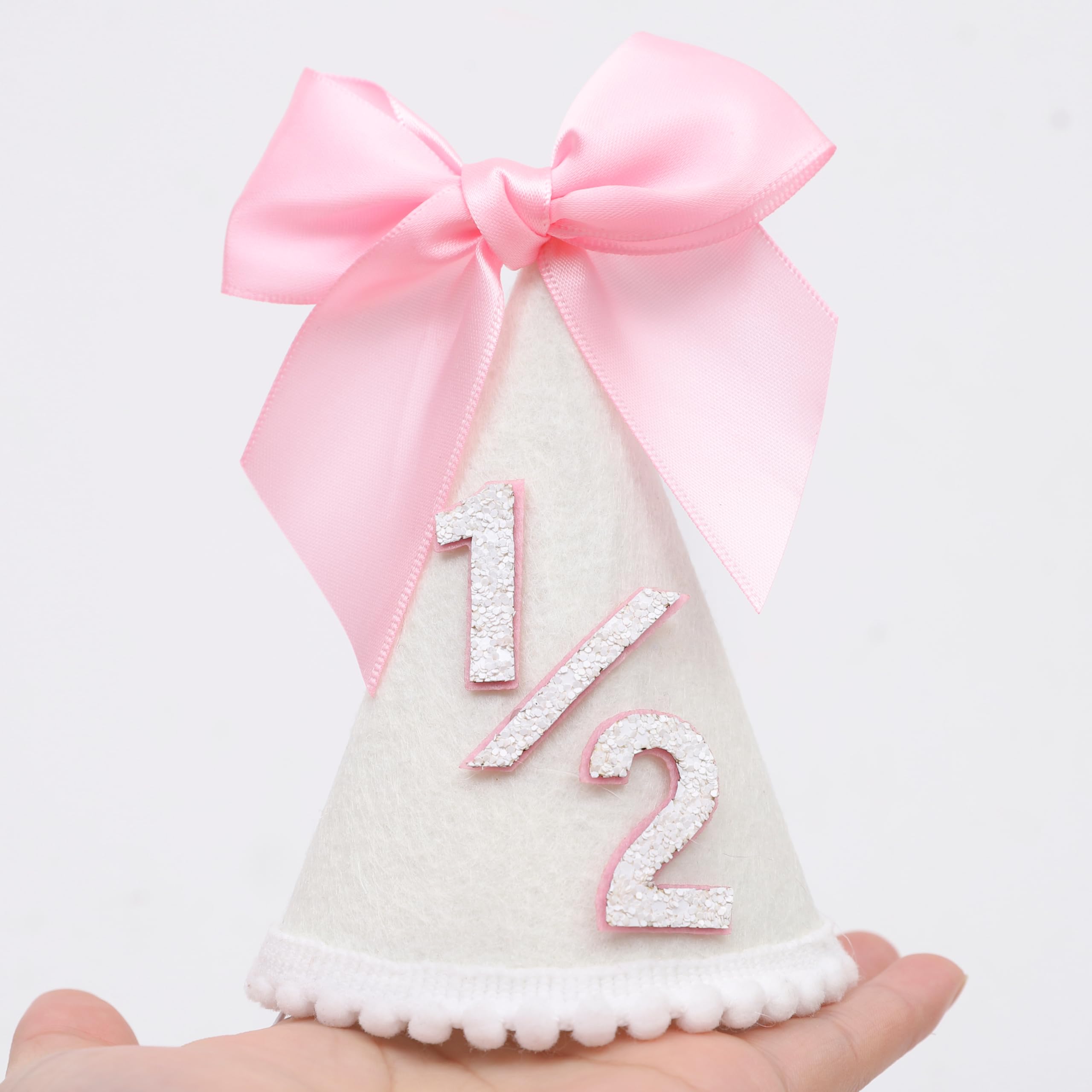PATRDIO Pink Bow 1/2 Birthday Hat - Adjustable Felt Half Birthday Hat for Girls, First Birthday Party Crown