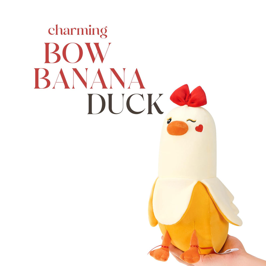 PEACH CAT 12" Banana Duck Plush Toy – Soft Plush Pillow with Red Bow and Heart, Sweet Gift for Girlfriend or Kids