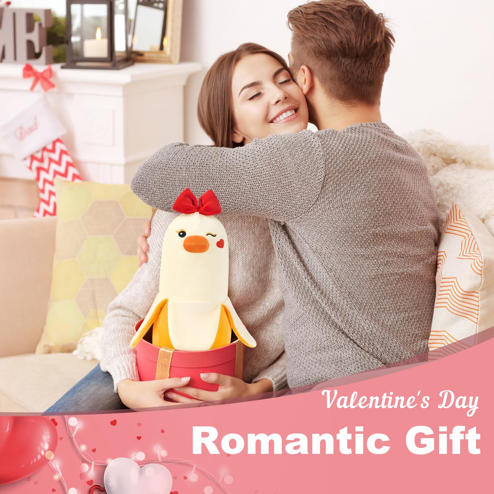 PEACH CAT 12" Banana Duck Plush Toy – Soft Plush Pillow with Red Bow and Heart, Sweet Gift for Girlfriend or Kids