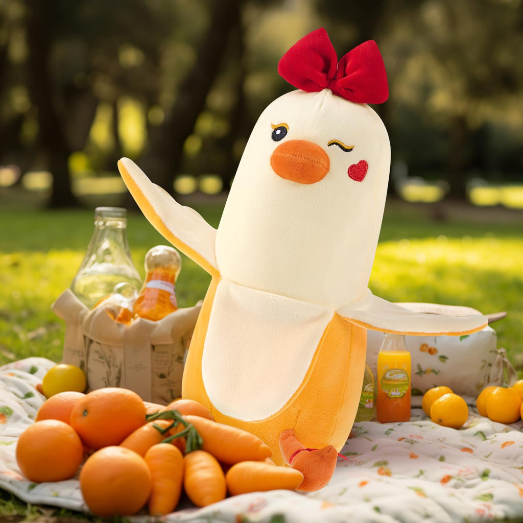 PEACH CAT 12" Banana Duck Plush Toy – Soft Plush Pillow with Red Bow and Heart, Sweet Gift for Girlfriend or Kids