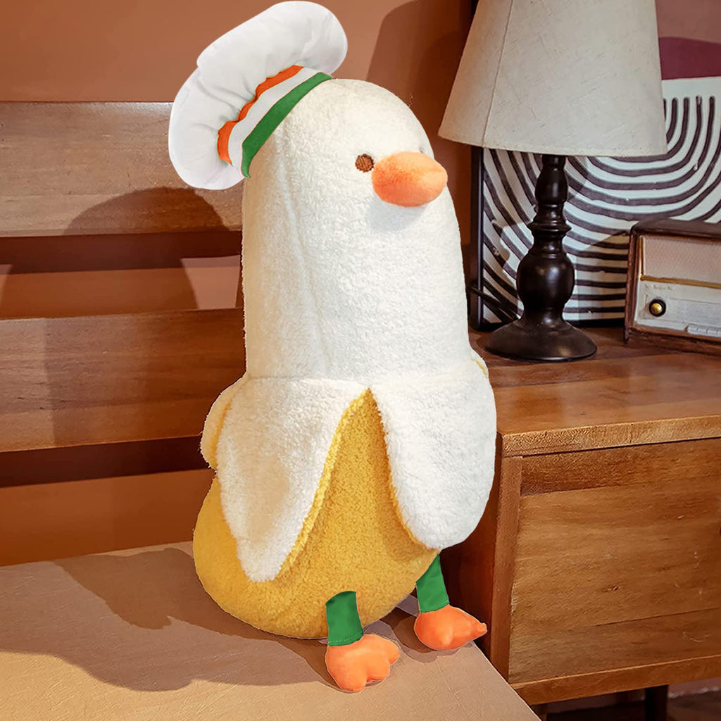 PEACH CAT Banana Duck Plush Pillow – 12" Soft Stuffed Animal with Chef Hat, White