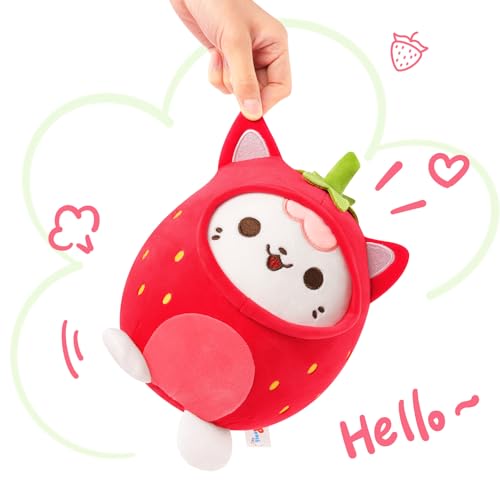 PEACH CAT Strawberry Cat Plush Pillow - 8-Inch Cute Stuffed Animal with Strawberry Outerwear