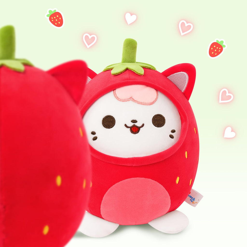 PEACH CAT Strawberry Cat Plush Pillow - 8-Inch Cute Stuffed Animal with Strawberry Outerwear