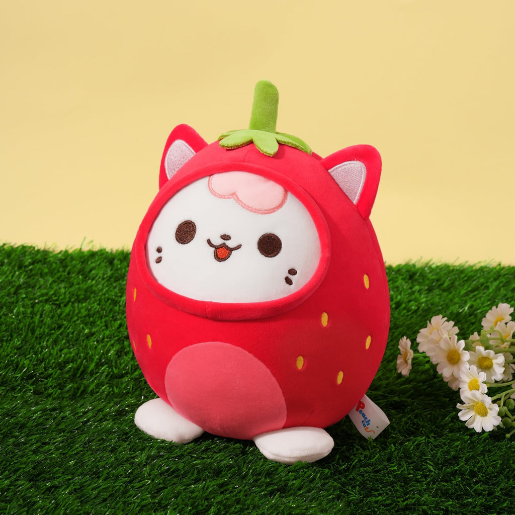 PEACH CAT Strawberry Cat Plush Pillow - 8-Inch Cute Stuffed Animal with Strawberry Outerwear