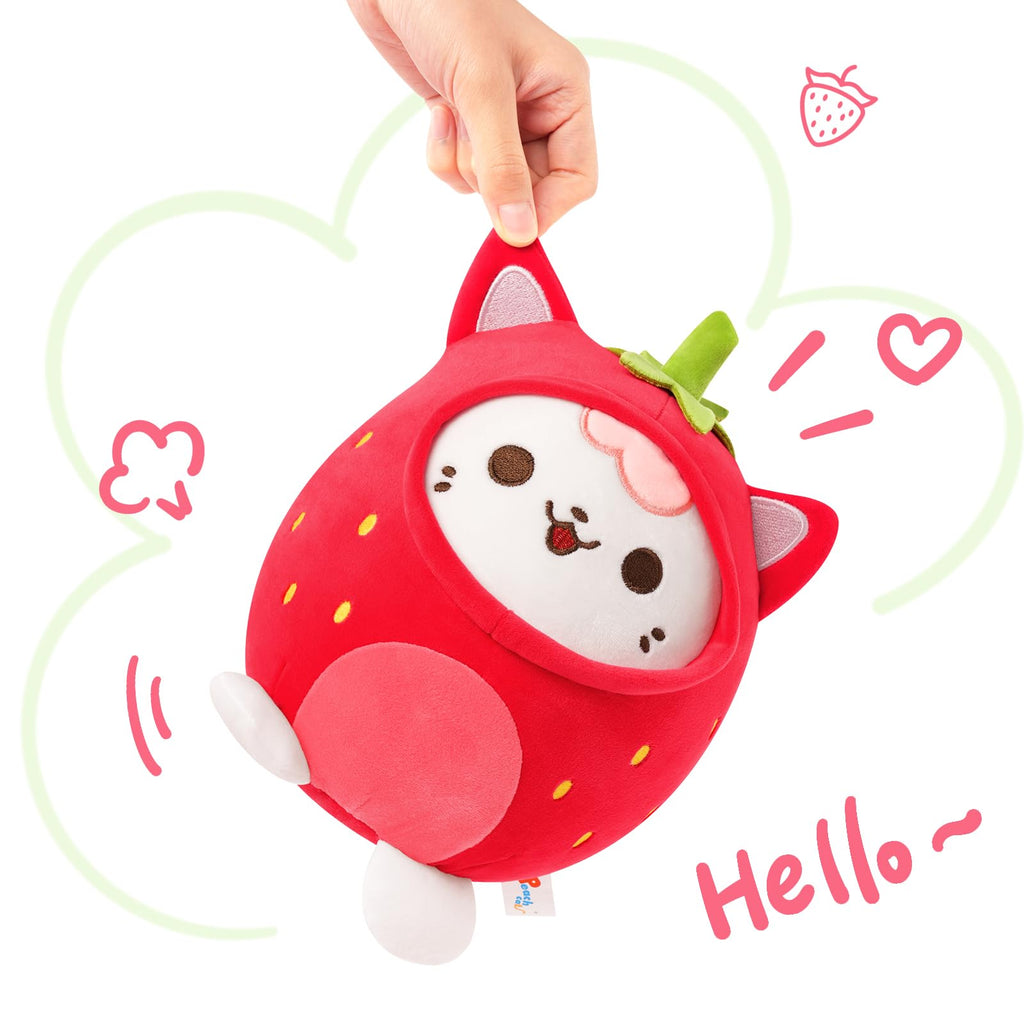 PEACH CAT Strawberry Cat Plush Pillow - 8-Inch Cute Stuffed Animal with Strawberry Outerwear