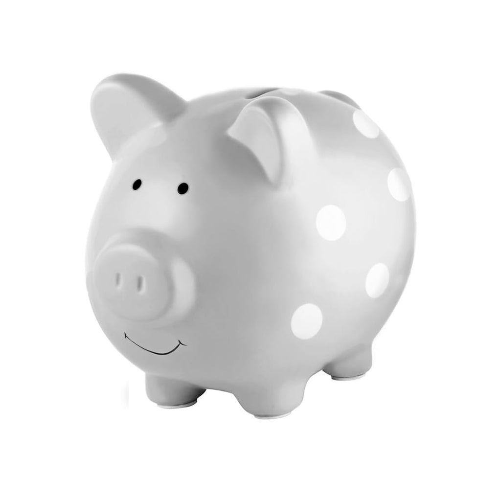 Pearhead Gray Polka Dot Ceramic Piggy Bank – Gender-Neutral Coin Bank for Kids