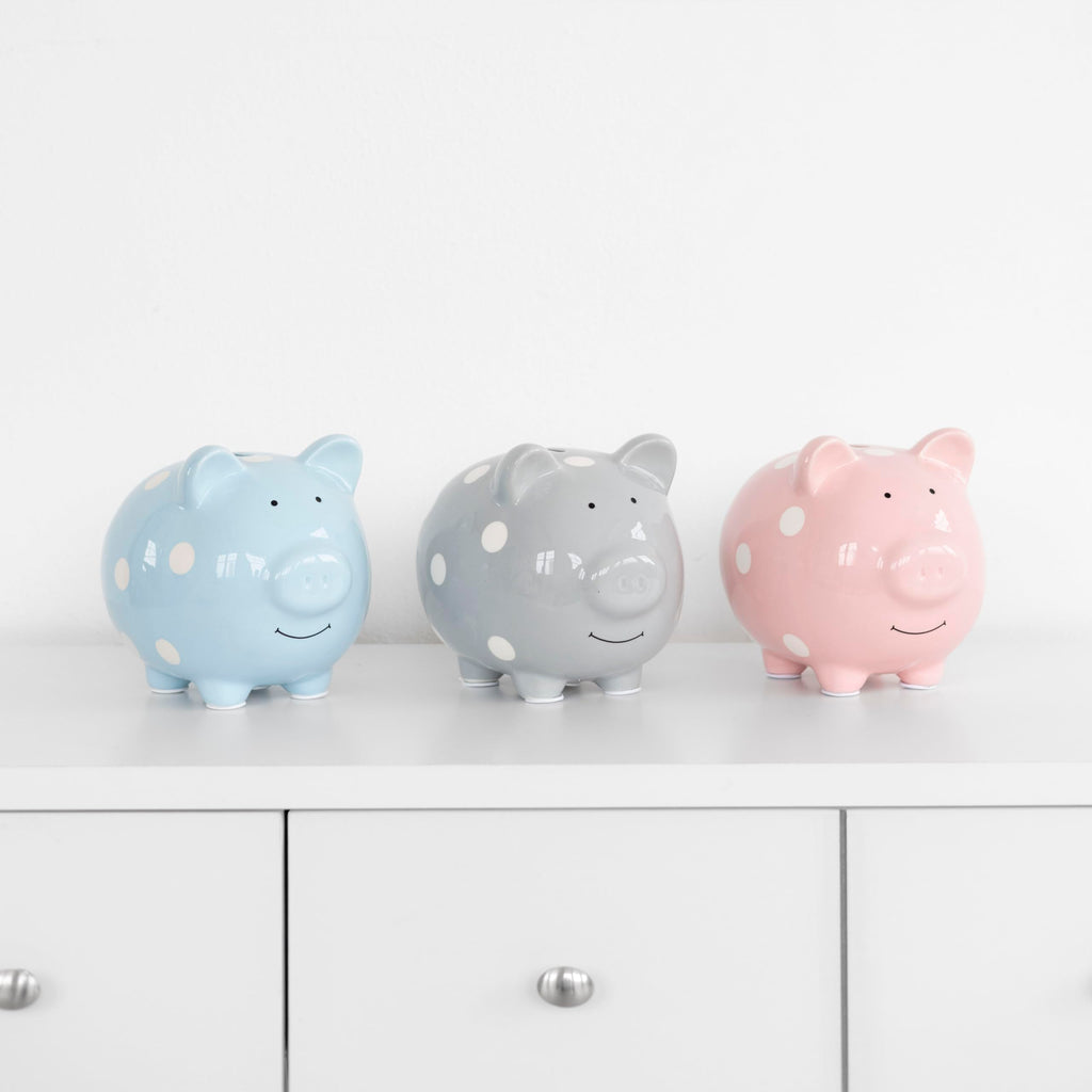 Pearhead Gray Polka Dot Ceramic Piggy Bank – Gender-Neutral Coin Bank for Kids