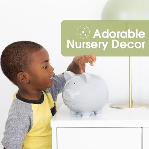 Pearhead Large Ceramic Piggy Bank in Solid Gray – Coin & Bill Bank for Kids, Nursery Décor, Baby Gift