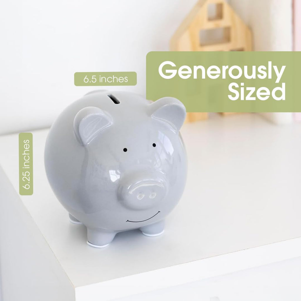 Pearhead Large Ceramic Piggy Bank in Solid Gray – Coin & Bill Bank for Kids, Nursery Décor, Baby Gift