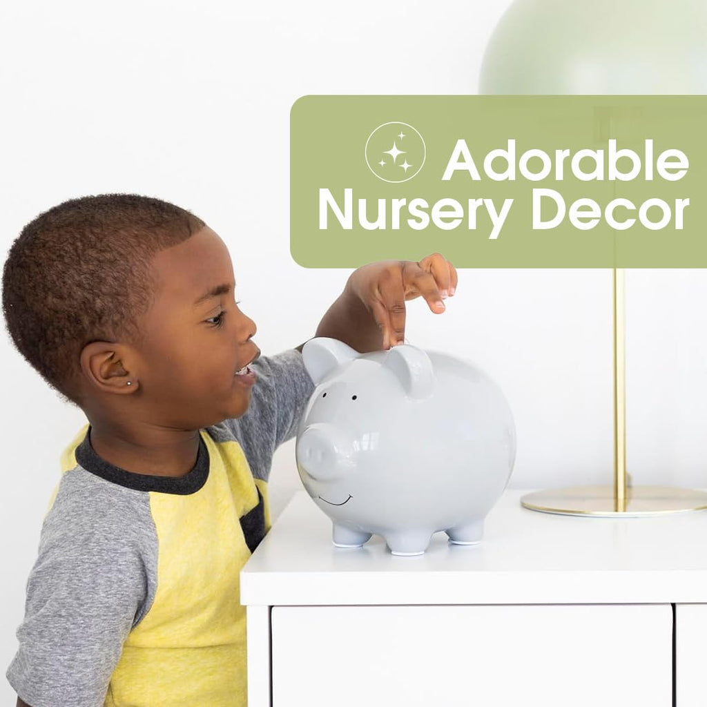 Pearhead Large Ceramic Piggy Bank in Solid Gray – Coin & Bill Bank for Kids, Nursery Décor, Baby Gift