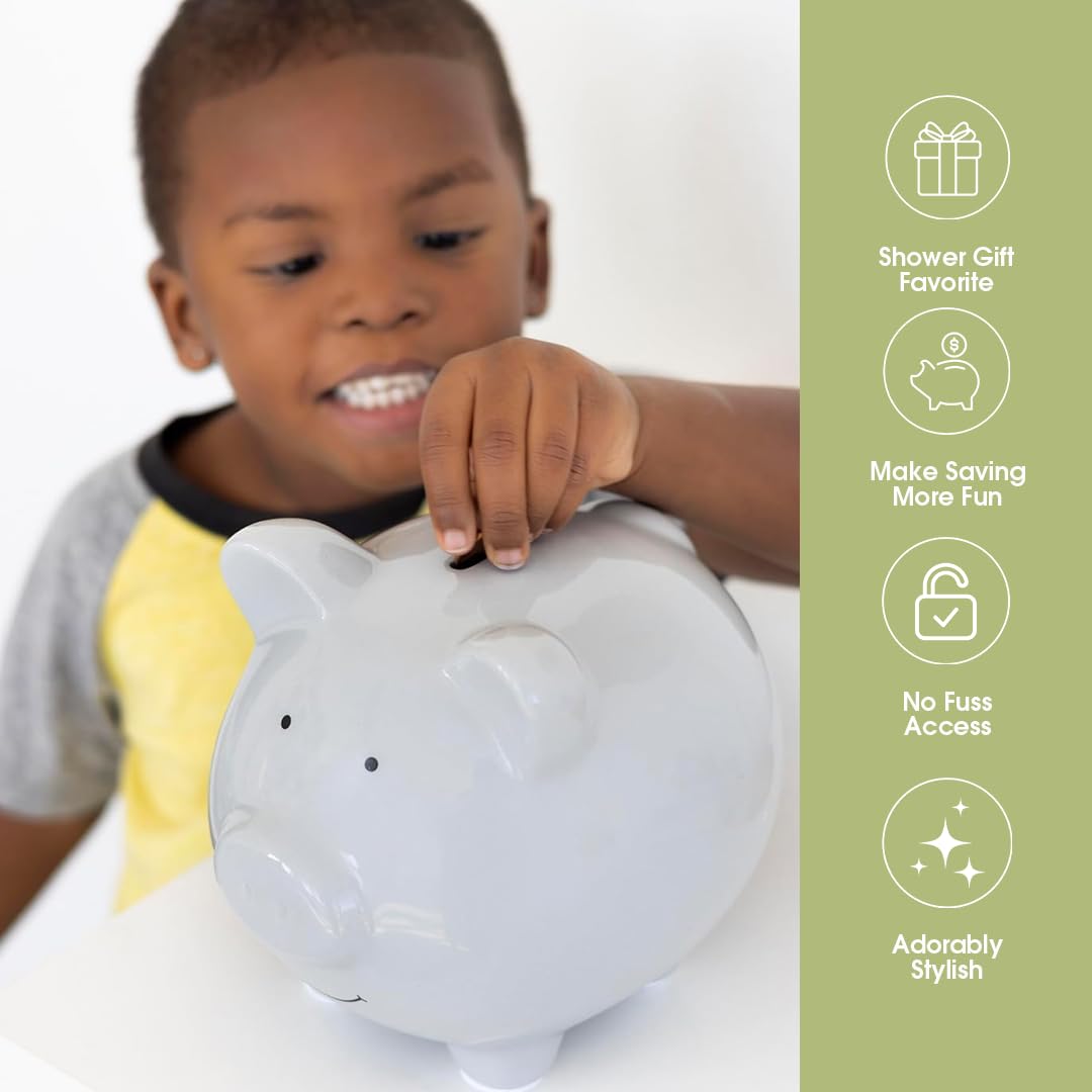 Pearhead Large Ceramic Piggy Bank in Solid Gray – Coin & Bill Bank for Kids, Nursery Décor, Baby Gift