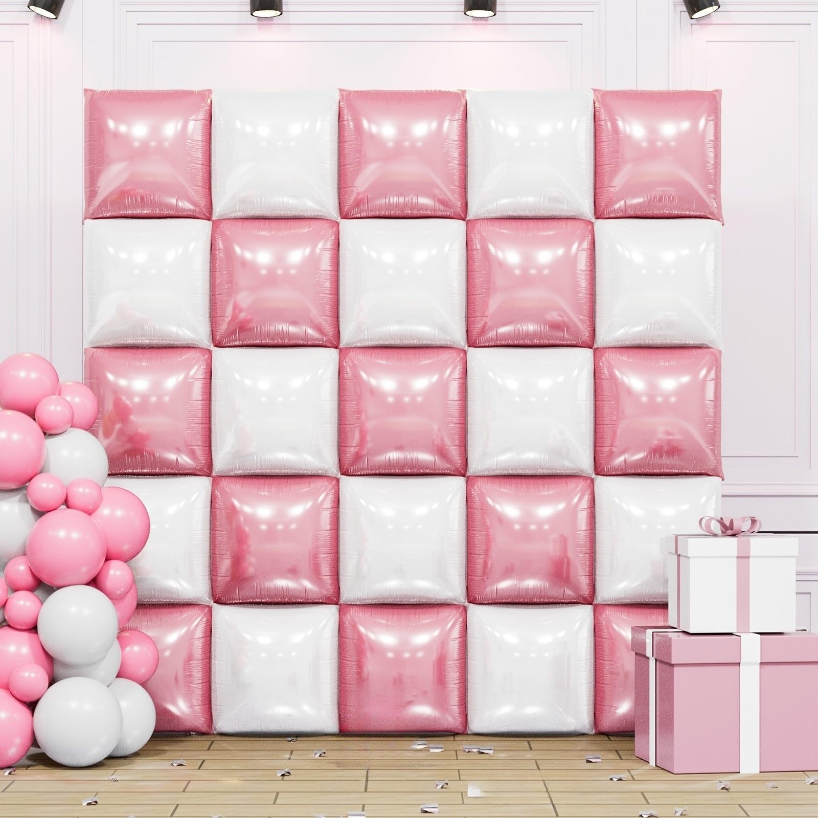 Pearl Pink & White Double Sided Square Foil Balloon Wall Kit – 25 Pack, 19 Inch Aluminum Balloons for Party Decor