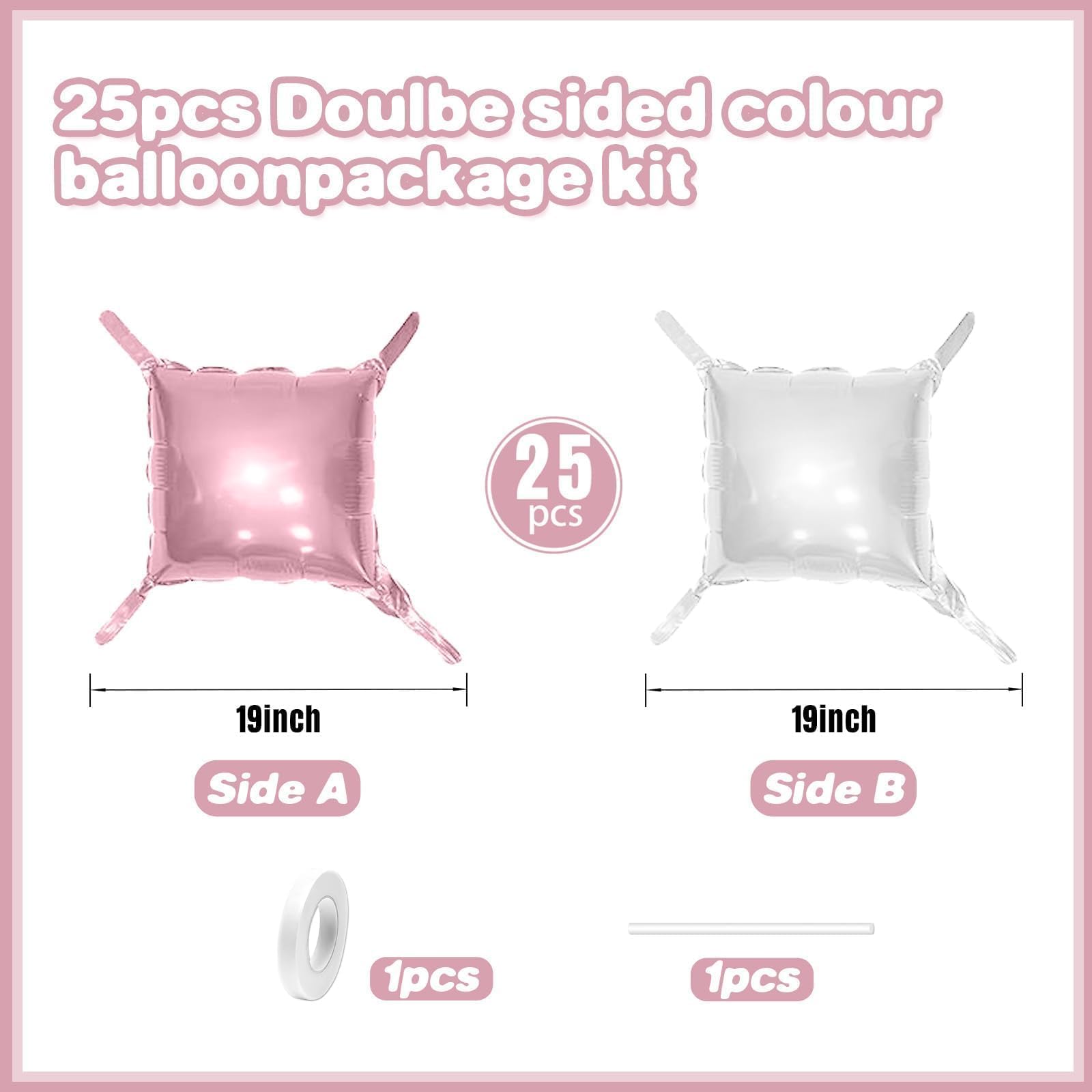 Pearl Pink & White Double Sided Square Foil Balloon Wall Kit – 25 Pack, 19 Inch Aluminum Balloons for Party Decor